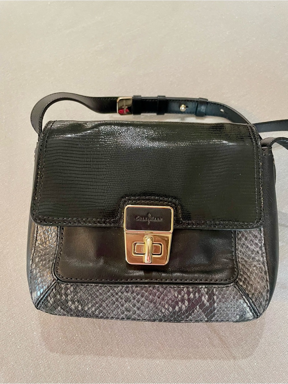 Cole Haan Black Snake Print Leather Crossbody with Gold Turn Lock Hardware